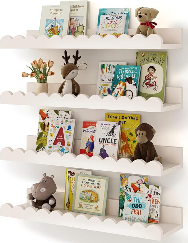Detalle de Shario Nursery Book Shelves (4-Pack) White Floating Wall Shelves for Kids Rooms