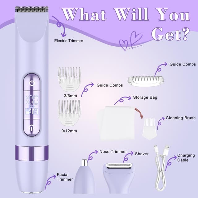 Detalle 2 de Hatteker 4-in-1 Women’s Electric Razor (Dual-Head) for Bikini, Legs, Face, Nose & Eyebrows, IPX7 Waterproof Rechargeable, Purple