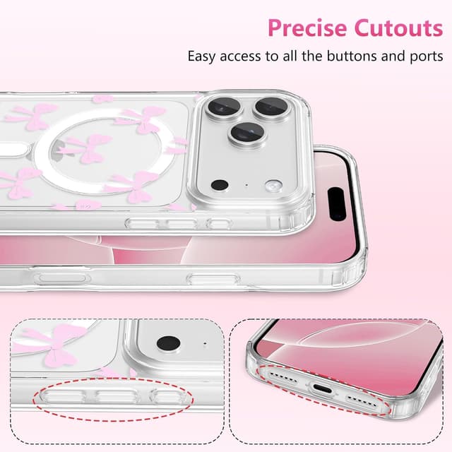 Detalle de ZTOFERA Magnetische Hülle für iPhone 17 Pro (6,3 Zoll) – transparente TPU-Case mit Schleifen-Design (MagSafe-kompatibel), Rosa