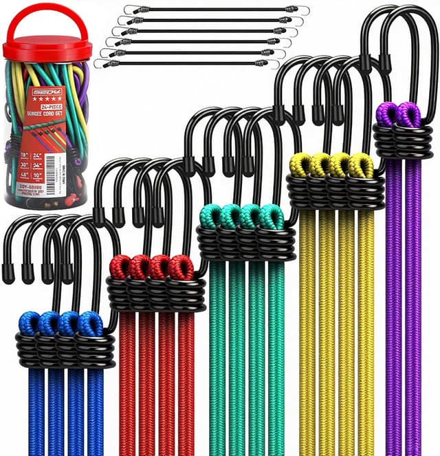 Detalle de 24-Piece Premium Heavy-Duty Bungee Cords Outdoor Set with Hooks in Storage Jar (10"–48" lengths)