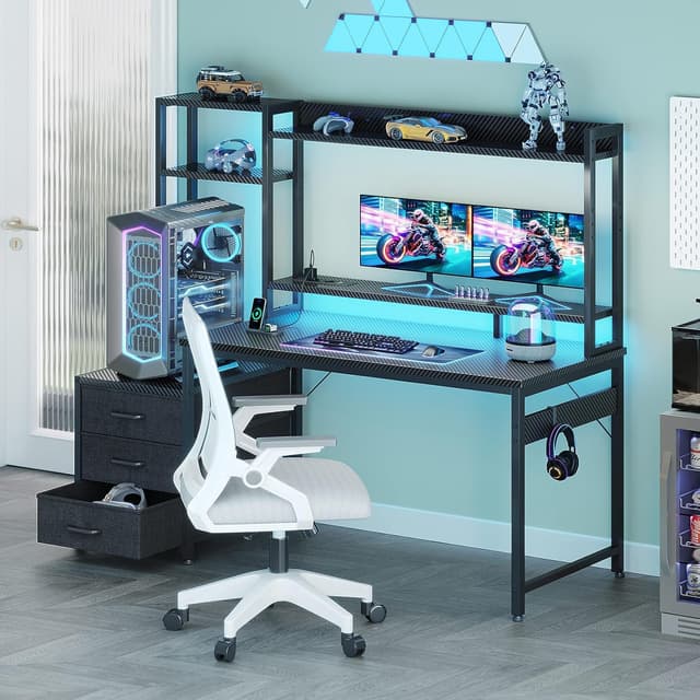 Thumbnail 6 de Coleshome Scrivania Gaming con libreria e cassetti, 120×48 cm, LED e presa di corrente in fibra di carbonio nero