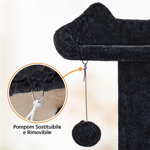 Detalle de Yaheetech albero tiragraffi per gatti da 158 cm con 3 pali graffiatoi, 3 posatoi e 2 grotte