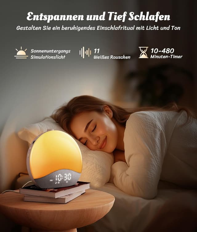 Detalle de ecozy Tageslichtwecker (Lichtwecker) mit Bluetooth-Synchronisierung, Sonnenaufgang & -untergang sowie 17 Nachtlichtfarben