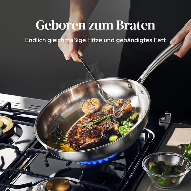 Detalle de Redchef Pfannenset Induktion Set (3-teilig) aus Edelstahl, unbeschichtet – für alle Herdarten, backofenfest