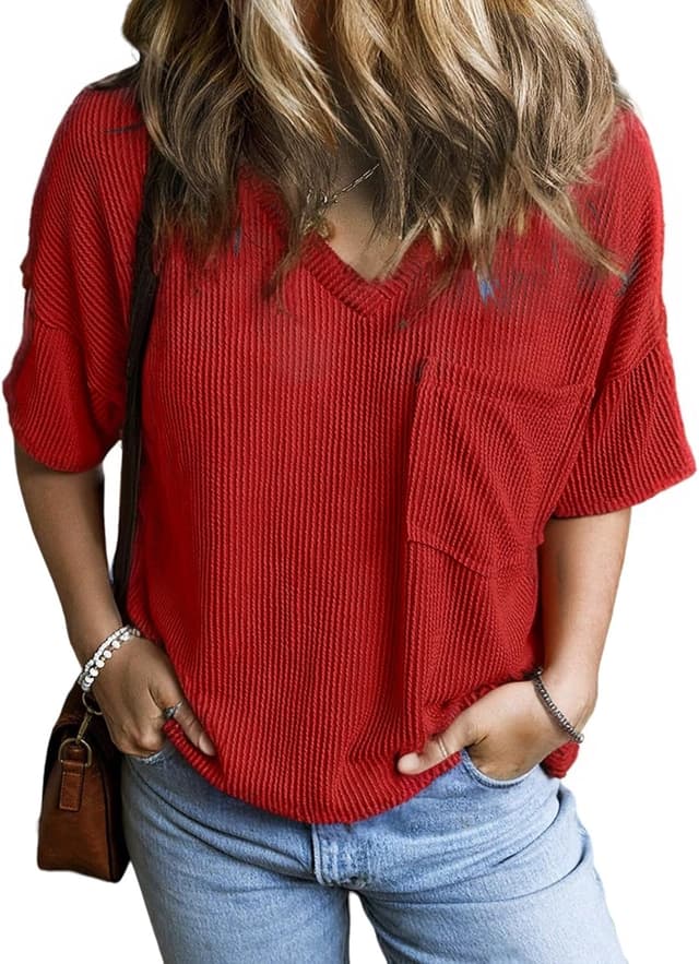 Thumbnail 6 de GLEENOD Damen T-Shirt mit V-Ausschnitt, Kurzarm und Tasche – locker-oversize für Sommer-Looks