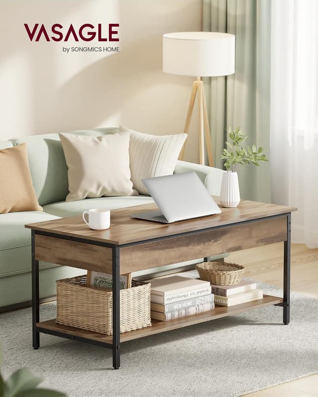 Detalle de VASAGLE höhenverstellbarer Couchtisch LCT261LB02 im Industriestil mit Ablagefächern (50 x 100 cm)