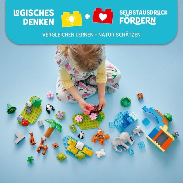 Detalle de LEGO DUPLO Town Wildtier-Familien 3-in-1 (Set 10446) – Lernspielzeug ab 2 Jahren mit Schildkröte, Tiger, Elefant, Hirsch & Panda