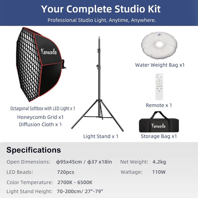 Detalle de 37" Professional Octagonal Softbox Lighting Kit with 110W Dimmable LED, Remote Stand & Grid
