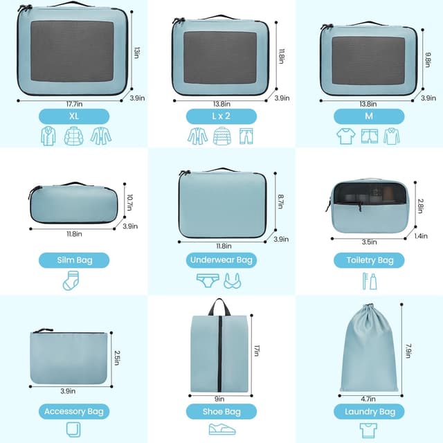 Detalle de Prezon Packing Cubes for Suitcase (10 Set) in Teal – lightweight luggage organisers