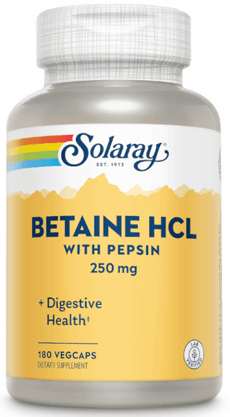 Detalle de Solaray Betaina HCL + Pepsin 250 mg (180 vegcaps) para apoyar la digestión