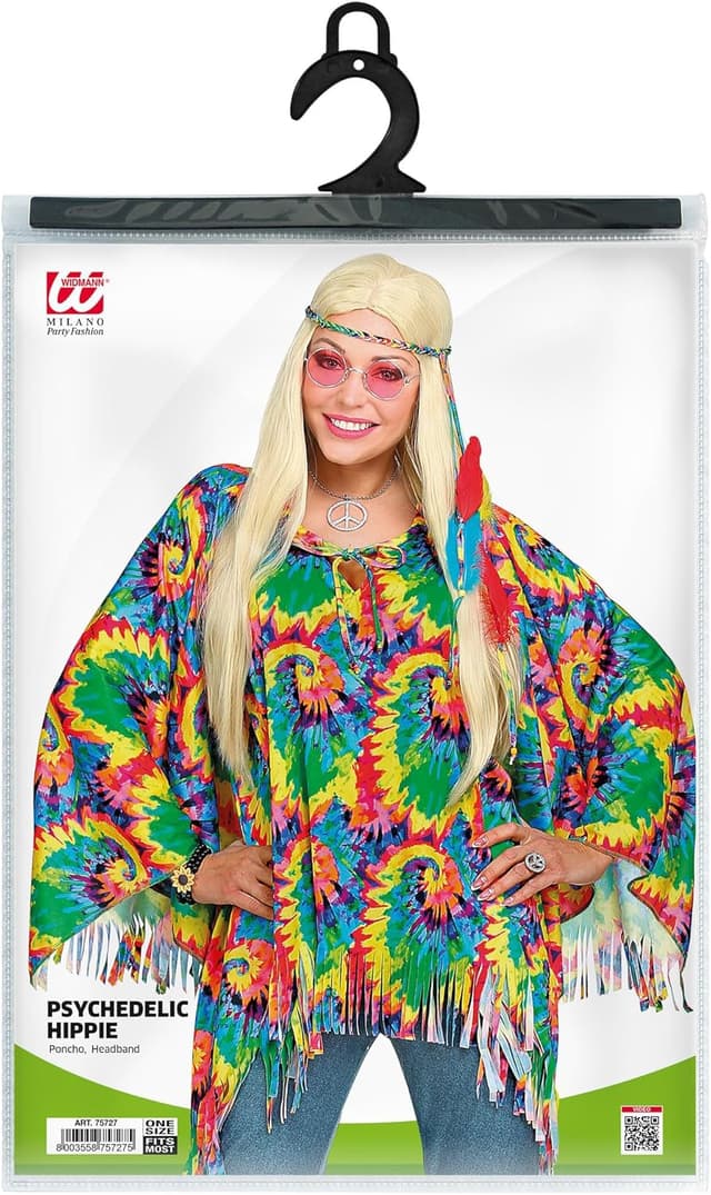 Detalle de WIDMANN MILANO Party Fashion Kostüm Psychedelic Hippie mit Poncho & Stirnband (Flower Power)
