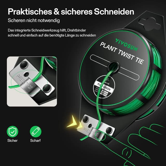 Detalle de VIVOSUN Kabelbinder 100 m PE-beschichtete Pflanzenbinder mit Cutter – wiederverwendbar für Garten und Kabelmanagement