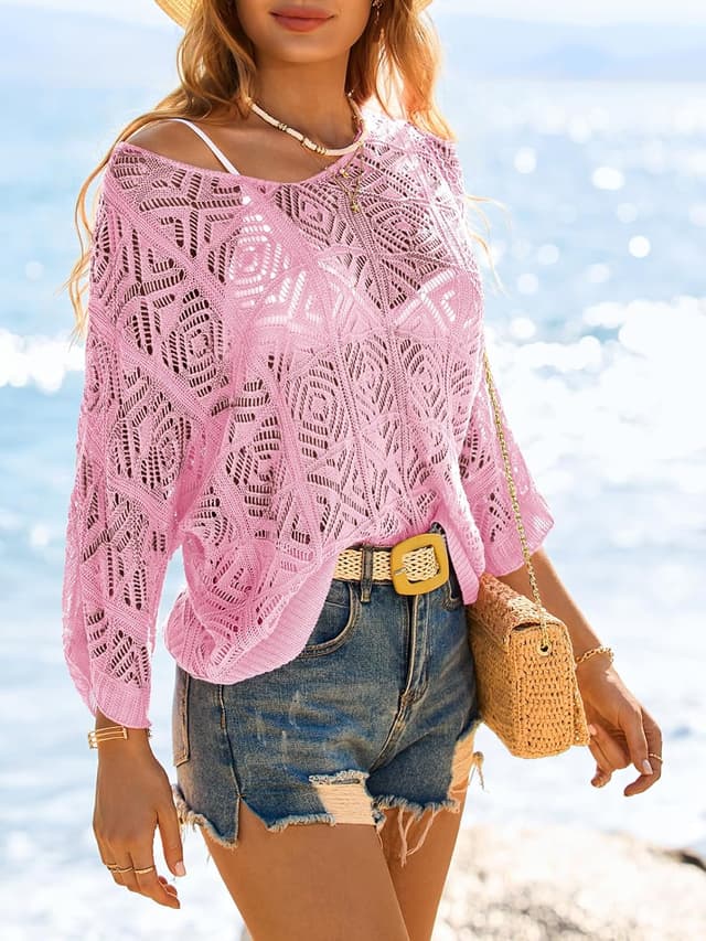 Detalle 2 de Saodimallsu Crochet Cover Up Top for Women — Off-Shoulder Mesh Beach Swimsuit Cover-Up, 3/4 Sleeve