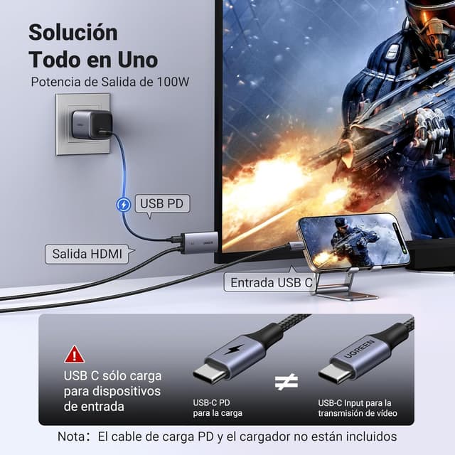 Detalle de UGREEN USB C a HDMI Cable 4K 60Hz, Cargador 100W ⚡