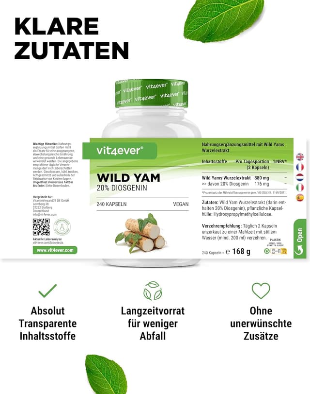 Detalle de Wild Yam Wurzel Extrakt – 240 Kapseln – 880 mg Extrakt täglich (176 mg Diosgenin) – vegan, laborgeprüft