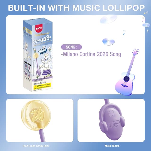 Detalle de AMOS Lutscher Audio Lollipop „Sing-Lutscher“ mit Musik, Vanille – zuckerfrei, glutenfrei, 1 Stück