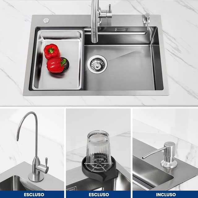 Thumbnail 6 de CECIPA Lavandino Cucina 70x45 cm in acciaio inox con 1 vasca, dispenser sapone e tagliere