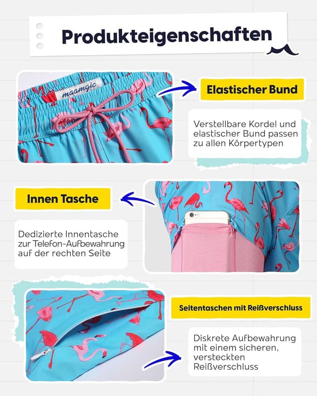 Detalle de MaaMgic Herren Badehose 2-in-1 mit Kompression und Innenhose (ca. 14 cm Innenlänge), schnelltrocknend