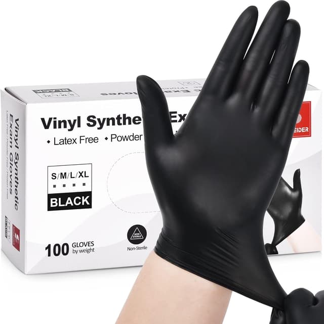 Detalle de Schneider Vinyl Synthetic Exam Gloves, 4 Mil (Latex-Free) — Disposable Black Gloves for Medical, Food Prep & Cleaning