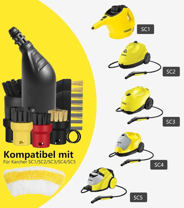 Detalle 2 de ZHEHNSA 14-teiliges Zubehör-Set für Kärcher Dampfreiniger der Serien SC1–SC5 inkl. Verlängerungs- und gebogener Düse, Rundbürste & Fugendüse