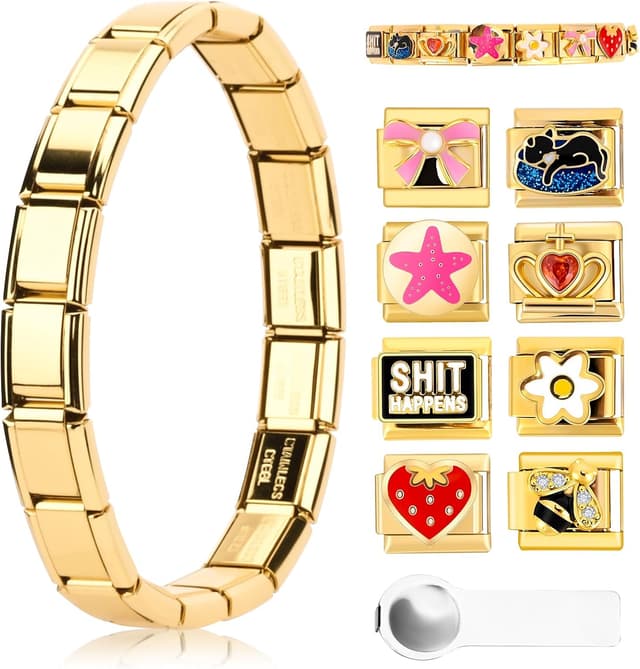Detalle de Ouxayapl Italian Charm Bracelet Armband-Set in Gold mit 8 austauschbaren Charms (inkl. Öffnungswerkzeug) für 9-mm-Armbänder