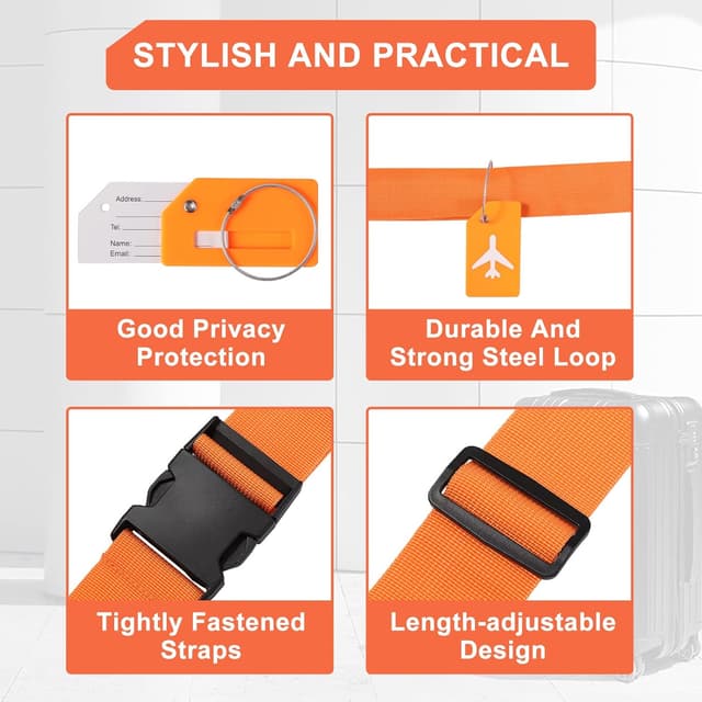 Detalle de Vinabo einstellbarer Koffergurt-Set (4 Stück) mit farbigen Kofferanhängern zum schnellen Wiederfinden