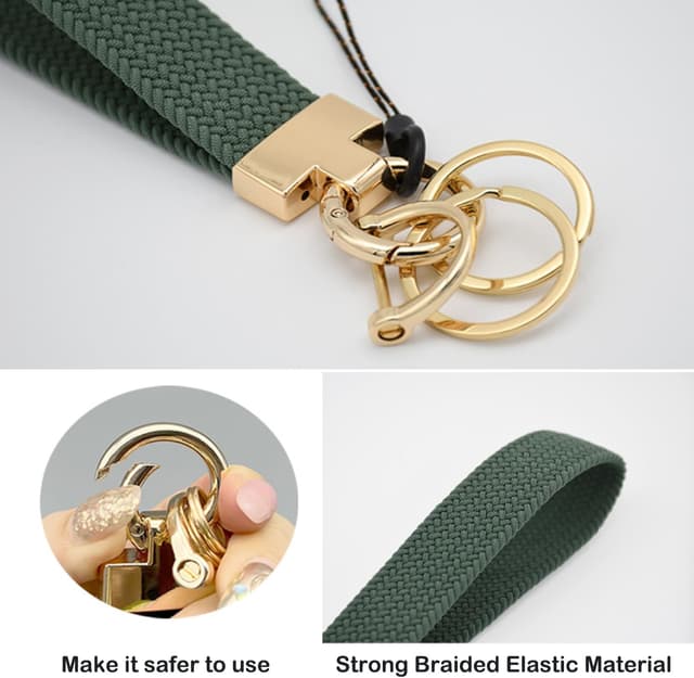 Detalle 2 de Elastic Wristlet Keychain – Braided Stretchy Key Chain with 2 Keyrings and D-ring for Car Keys, ID Badges