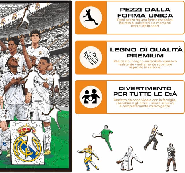 Thumbnail 6 de Iconic Puzzles Real Madrid Squadra 24/25 – Puzzle di legno 100% sostenibile, licenza ufficiale, 500 pezzi, taglia L