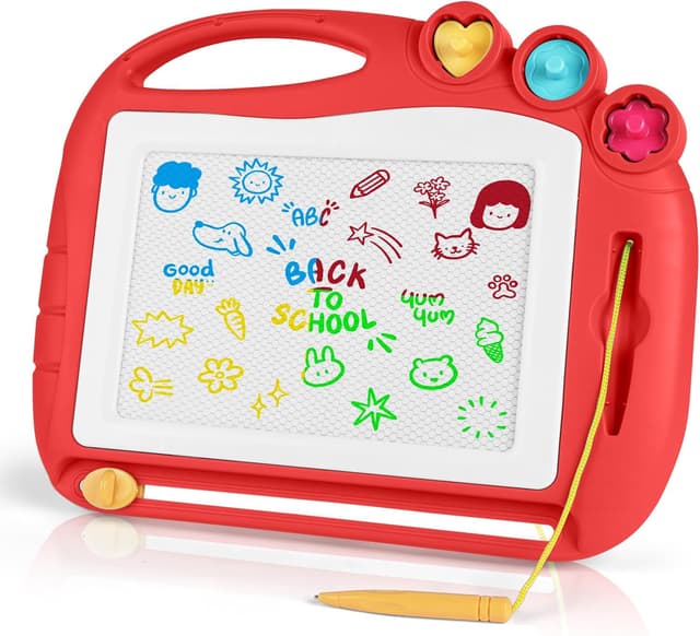 Detalle de OFFCUP Magnetic Drawing Board for Toddlers (Red) – Portable doodle pad with pen and stamps, ages 1+
