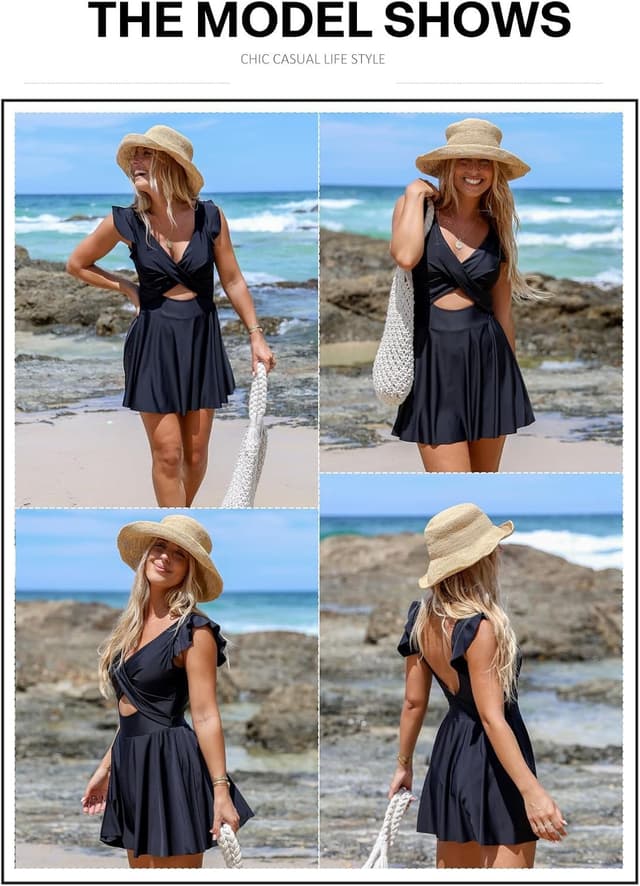 Detalle de Aleumdr Women’s One-Piece Swimsuit Swimdress with Tummy Control, V Neck Wrap & Ruffle Sleeves