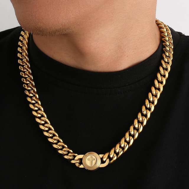 Detalle 2 de KRKC&CO 12mm Herren Panzerkette mit Löwe Kopf/Totenkopf-Verschluss – 18K Gold plattiert Cuban Link, Edelstahl (Miami Kubanische Kette)