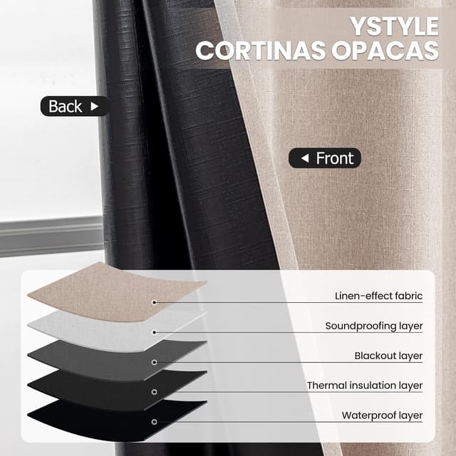 Detalle de Ystyle rideaux occultants 100% Rideau thermique (lot de 2) 140x225 cm effet lin, œillets — marron clair