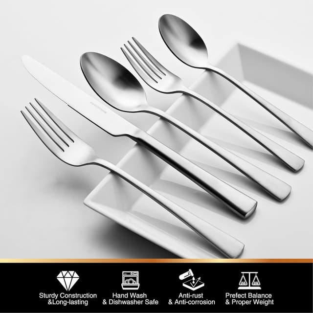 Detalle 2 de KINGSTONE 18/10 Stainless Steel Silverware Set for 8 (40-Piece) — Matte Satin Flatware, Dishwasher Safe