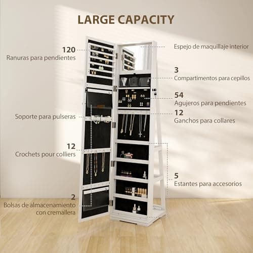 Detalle 2 de HOMCOM espejo joyero 360° 38x38x160 cm