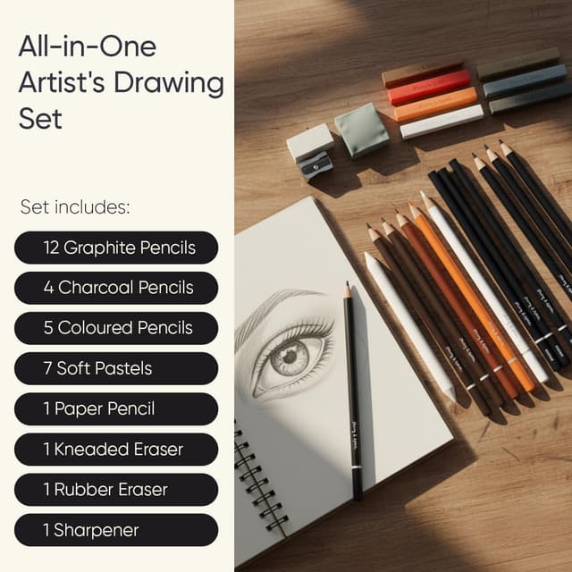 Thumbnail 1 de String & Space Artist’s Drawing Set (32pc) – Graphite, Charcoal, Soft Pastels & Earth Tones in a Metal Tin