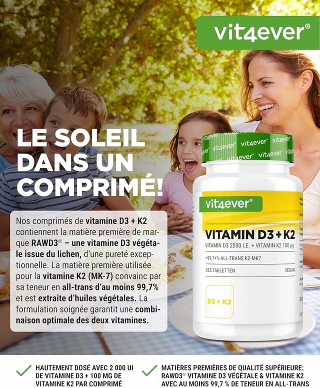 Detalle 2 de vit4ever Vitamine D3 + K2-365 : 2000 UI de D3 et MK-7 par comprimé (365 comprimés)