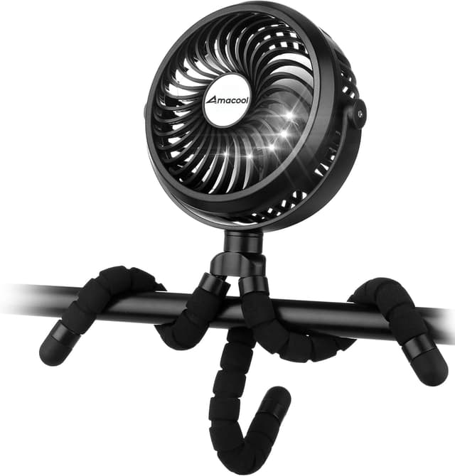 Detalle de AMACOOL Pram Fan (Battery Operated) Clip-On with Flexible Tripod, 3 Speeds & Rotatable Head – Black