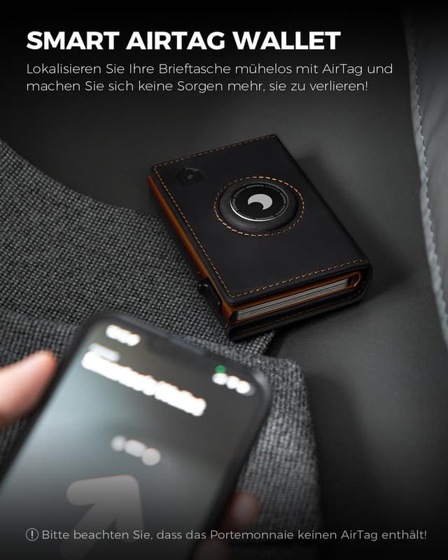 Detalle de DODENSHA AirTag porte-cartes homme avec protection RFID/NFC et porte-monnaie (Noir/orange)