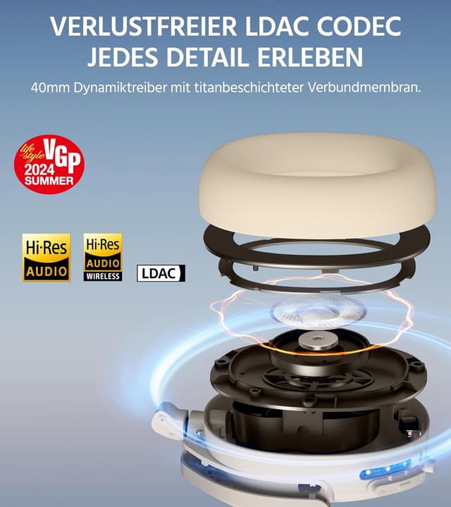 Detalle 2 de Edifier W830NB Wireless Over-Ear Kopfhörer mit -45 dB ANC, bis zu 94 Std. Akku und LDAC Hi-Res Sound (Elfenbein)