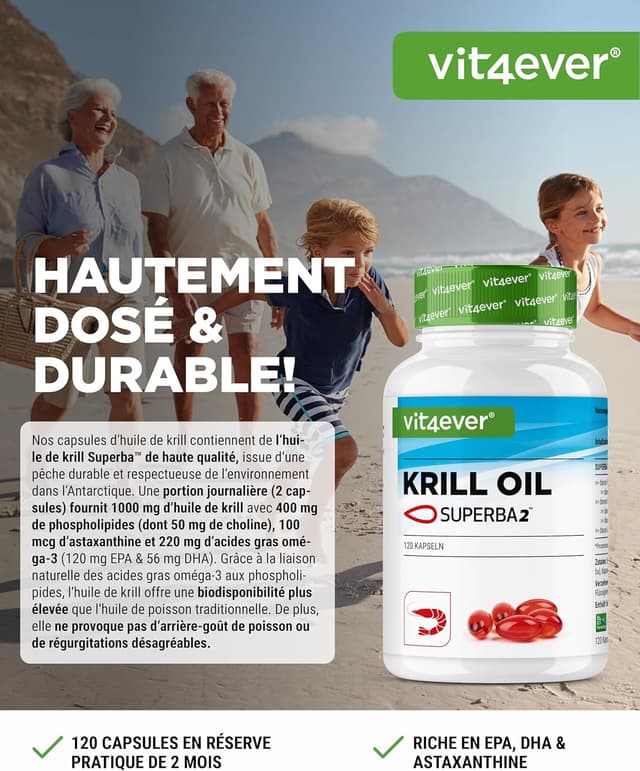 Detalle de Vit4ever Huile de Krill de l’Antarctique (120 capsules) — EPA, DHA, astaxanthine et phospholipides