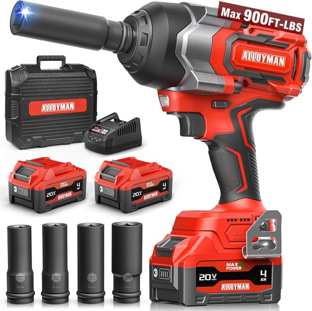 Detalle de Alloyman Cordless Impact Wrench 900Ft-lbs 1/2" brushless impact driver (20V) with 2x4.0Ah batteries