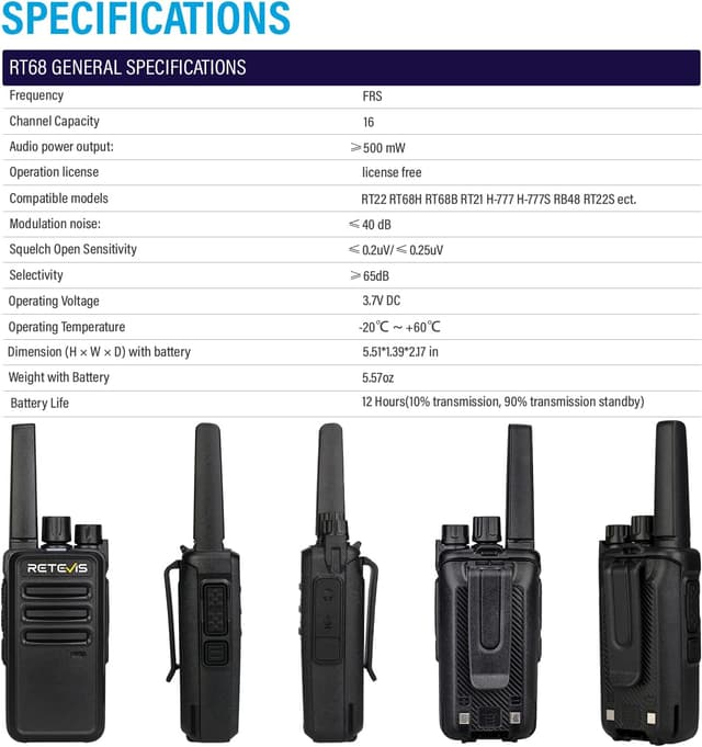Thumbnail 6 de Retevis RT68 6‑pack FRS walkie talkies