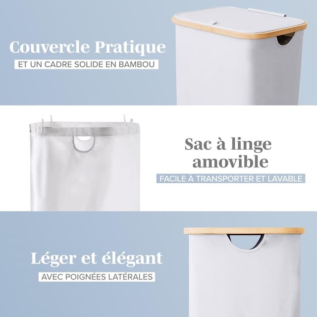 Detalle de LONBET 100L panier à linge avec couvercle et cadre en bambou, sac amovible et poignées latérales (gris clair)