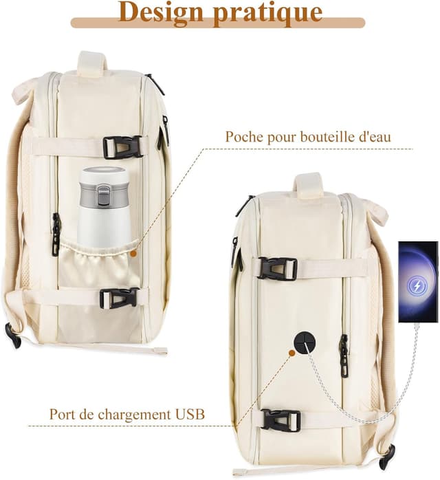 Detalle de Gluckstar sac à dos de voyage cabine 40x20x25 pour Ryanair (40x20x25, beige) avec compartiment ordinateur jusqu’à 14 pouces