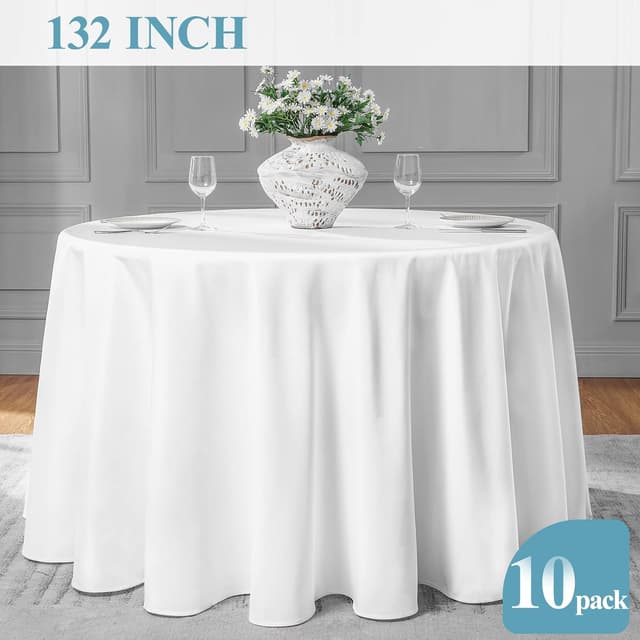 Detalle de VidaFete Round Tablecloth (132-inch) — 10 Pack Polyester Table Cover, Stain & Wrinkle Resistant (White)