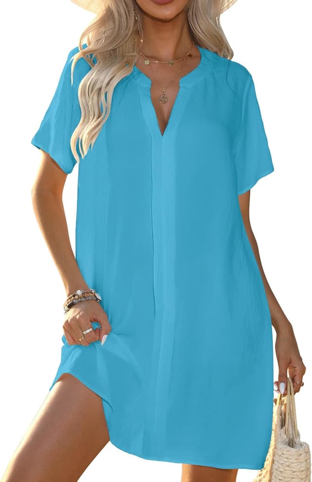 Detalle de Halife Women’s Swimsuit Cover Up Shirt (V-Neck, Short Sleeve, Polyester)