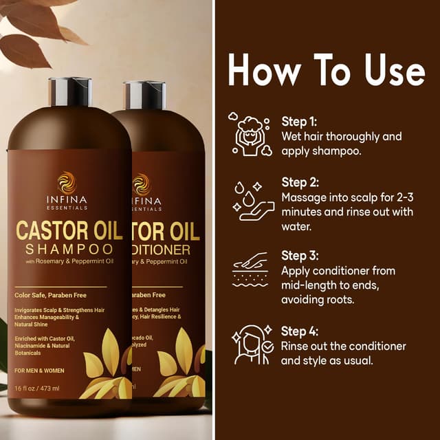 Detalle 2 de Castor Oil Shampoo and Conditioner Set with Rosemary & Peppermint Oil (16 fl oz) for Hair Growth