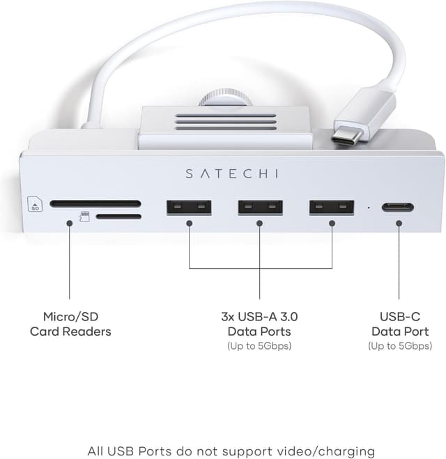 Detalle de Satechi Hub USB-C con morsetto per iMac (solo compatibile con iMac 2019/2017 e iMac Pro) – 3x USB-A 3.0 + Micro/SD