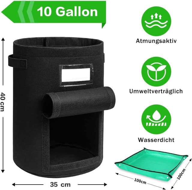 Detalle 2 de Airminti 3er-Set Kartoffel Pflanzsack 38 l (10 Gallonen) inkl. Arbeitsmatte, Pflanzschilder & Erntefenster – Vliesstoff in Schwarz