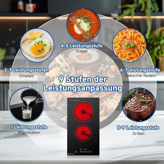 Detalle de AMZCHEF Glaskeramikkochfeld mit 2 Platten (3200 W) – Touch-Steuerung, 9 Leistungsstufen, 2-in-1 Einbau & freistehend